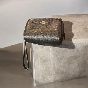 Coach Pebbled Leather Wristlet in Black with Gold Logo